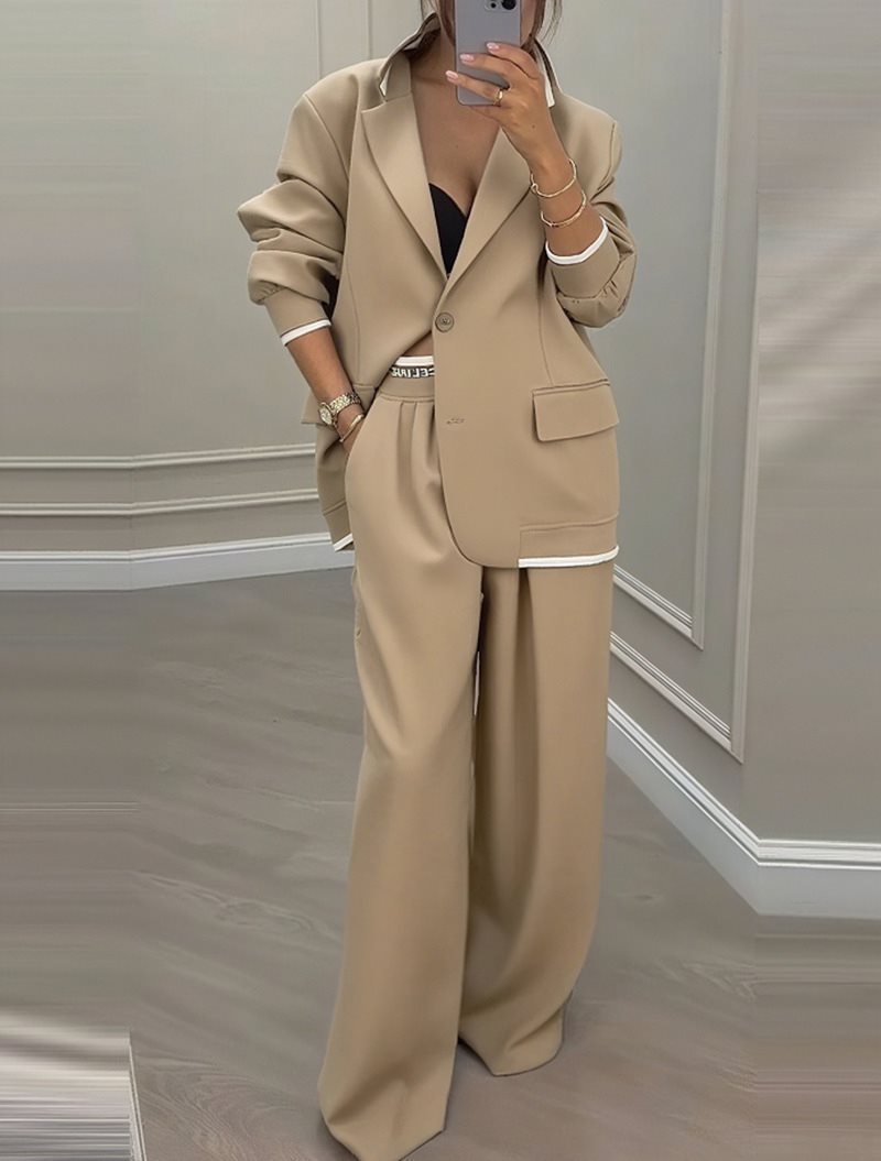 Damen Oversize-Blazer mit Kontrastbesatz und High‑Waist Palazzo‑Hose Zweiteiler Nord Taschen