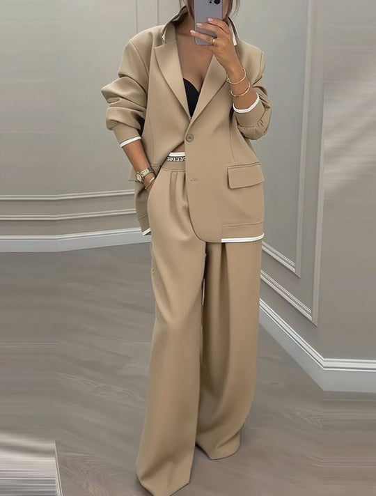 Damen Oversize-Blazer mit Kontrastbesatz und High‑Waist Palazzo‑Hose Zweiteiler Nord Taschen