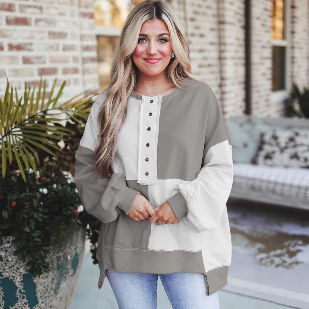 Damen Oversize-Longsleeve-Sweatshirt im Colorblock mit Henley-Knopfleiste und Ballonärmeln Nord Taschen