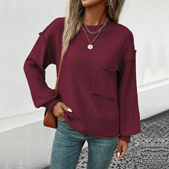 Damen Oversize Rundhals-Strickpullover mit aufgesetzter Brusttasche und fransiger Saumnaht Nord Taschen