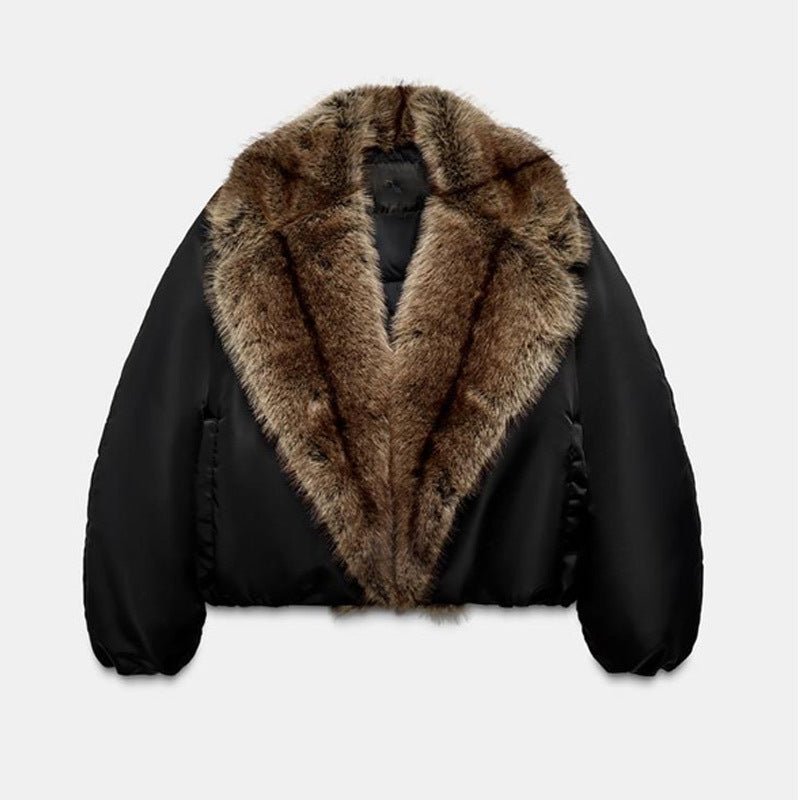 Damen Oversize-Bomberjacke mit voluminösem Fellkragen und Satinärmeln Nord Taschen
