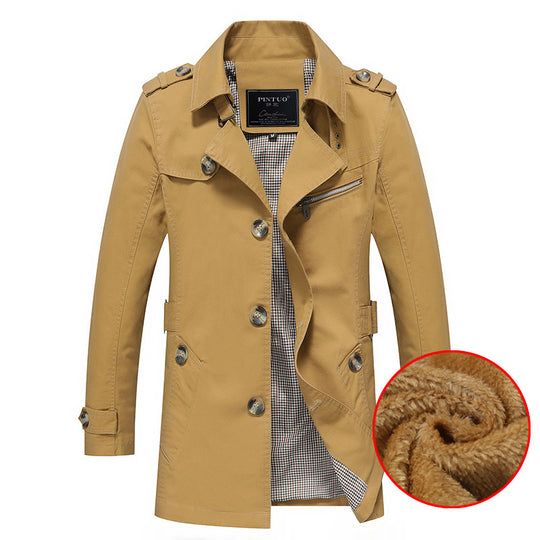 Herren mittellanger doppelreihiger Trenchcoat mit Teddyfutter und Stehkragen Nord Taschen