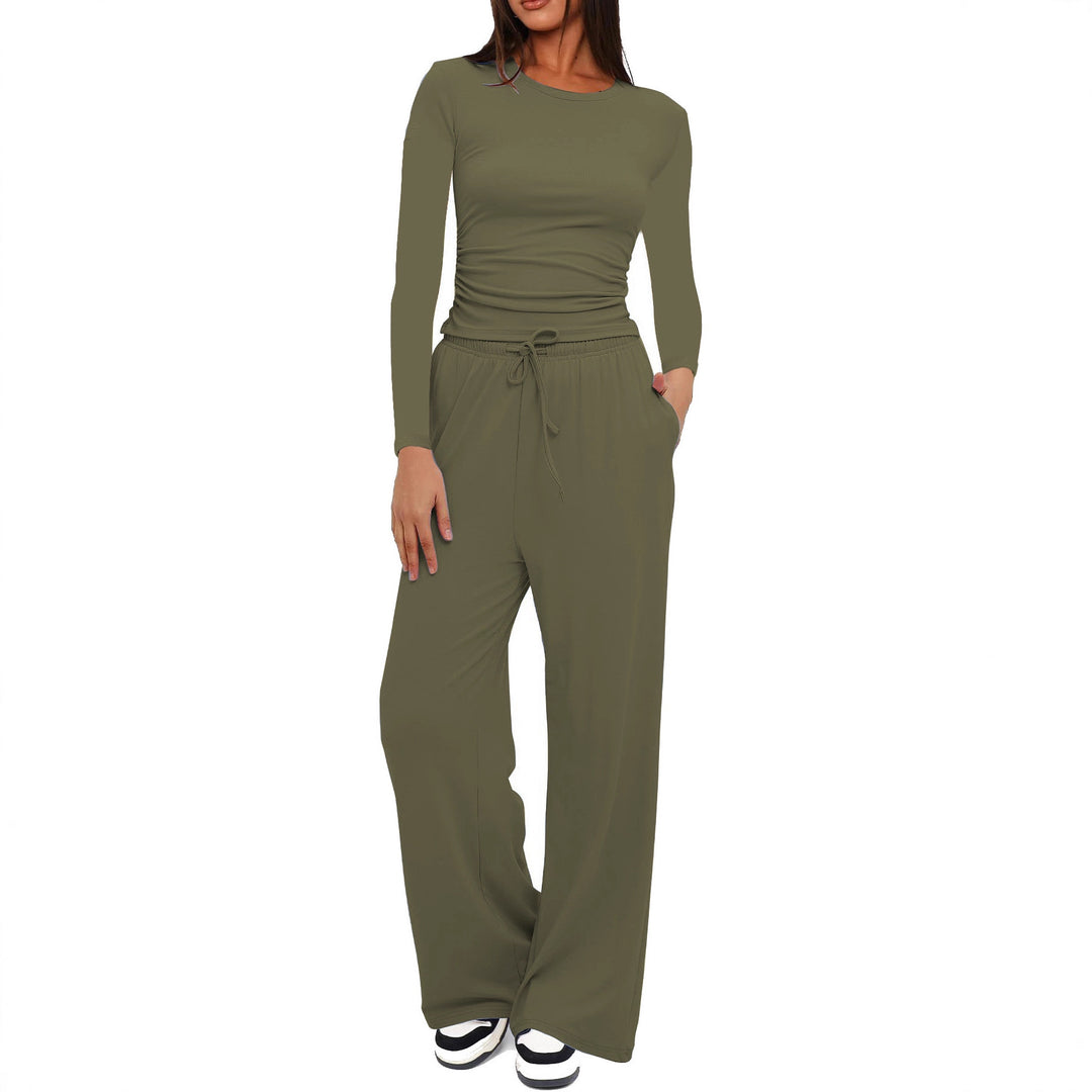 Damen Figurbetontes Longsleeve mit seitlicher Raffung und High-Waist Palazzo-Jogginghose Set Nord Taschen
