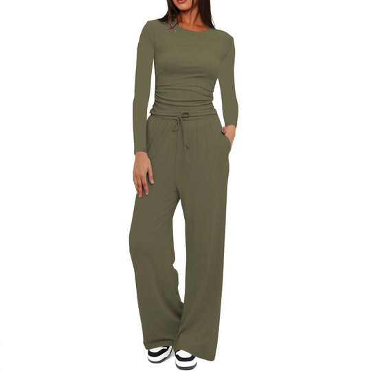 Damen Figurbetontes Longsleeve mit seitlicher Raffung und High-Waist Palazzo-Jogginghose Set Nord Taschen