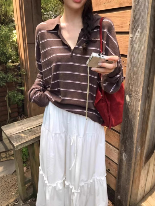 Damen Oversize-Polokragen-Strickpullover mit Streifen und halber Knopfleiste Nord Taschen