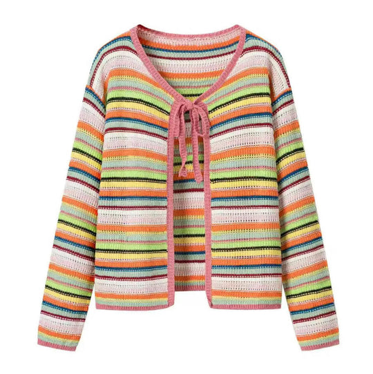 Damen Bunte Cropped Ajourstrick‑Cardigan mit Bindeband und geripptem Saum Nord Taschen