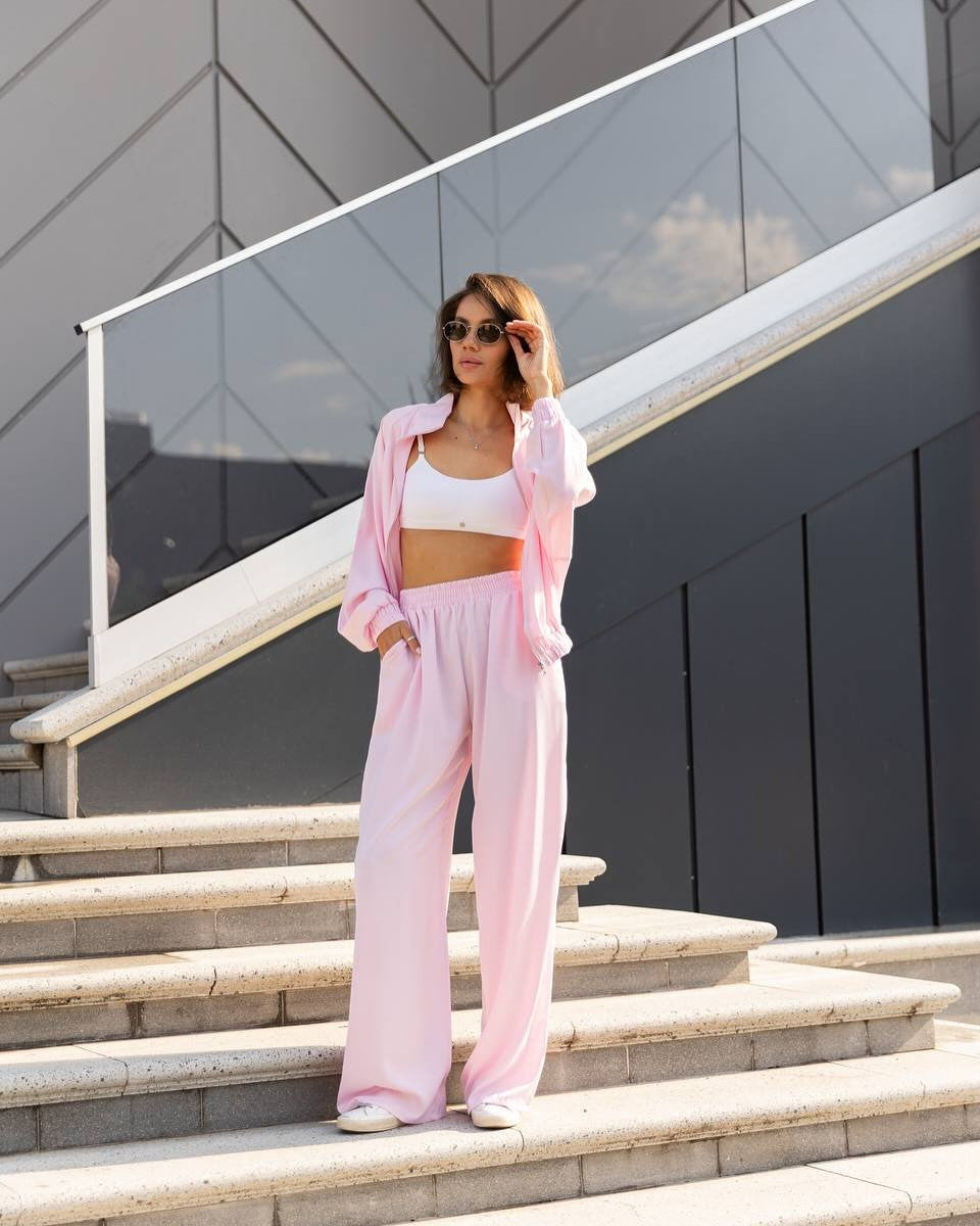 Damen lässiges Zweiteiler Set aus fließender Satinoptik mit weitem Bund und Crop-Top Nord Taschen