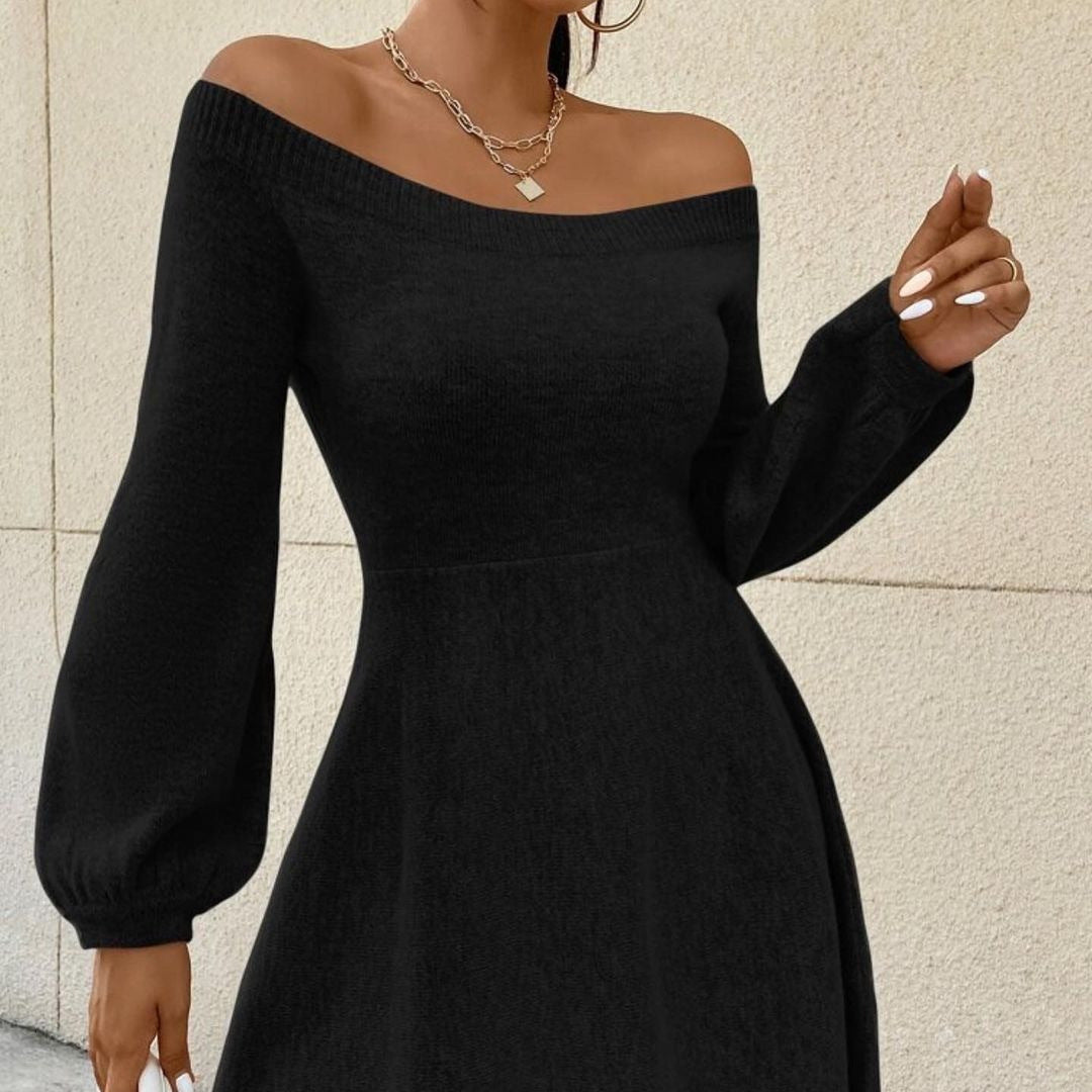 Damen Schulterfreies Feinstrick-Kleid mit taillierter Passform und Ballonärmeln Nord Taschen