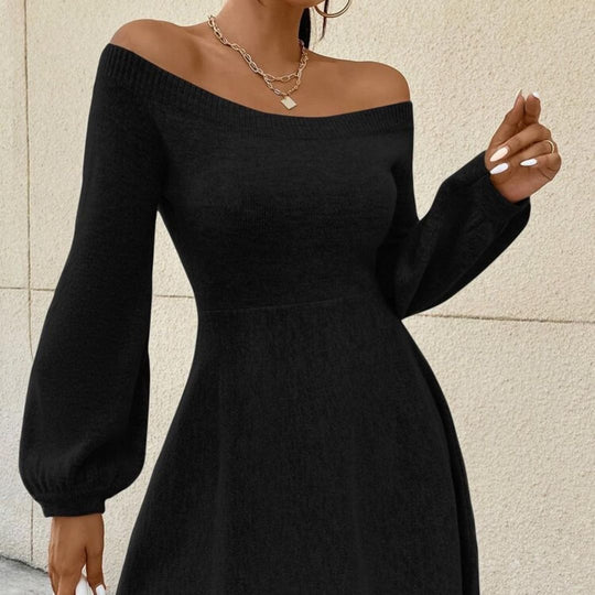 Damen Schulterfreies Feinstrick-Kleid mit taillierter Passform und Ballonärmeln Nord Taschen