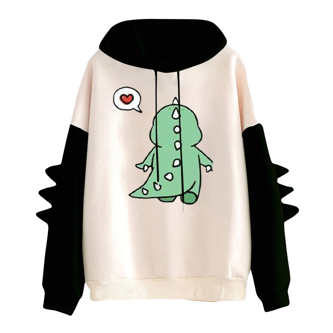 Damen nan Kapuzenpullover mit niedlichem Dino-Print, kontrastkapuze und dekorativen Stoffstacheln Nord Taschen