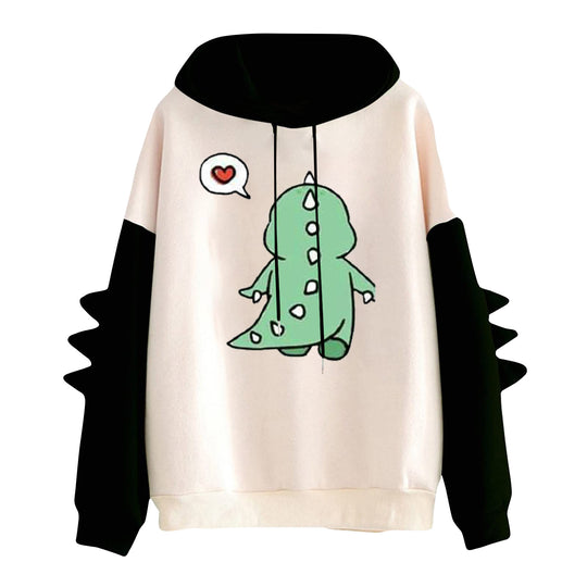 Damen nan Kapuzenpullover mit niedlichem Dino-Print, kontrastkapuze und dekorativen Stoffstacheln Nord Taschen