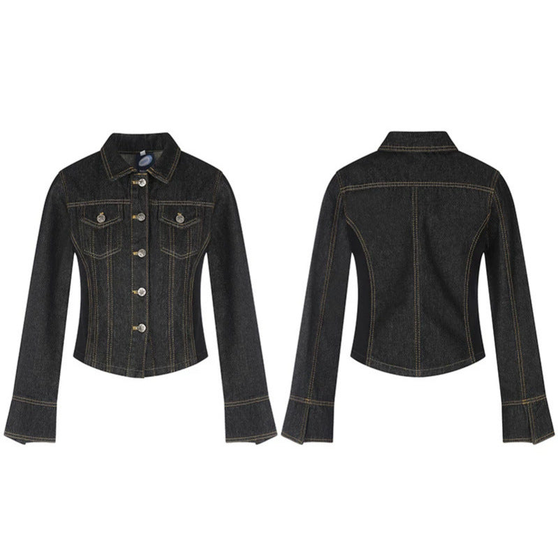 Damen taillierte Cropped-Jeansjacke mit Formnähten, Brustpatten und Schmuckknöpfen Nord Taschen