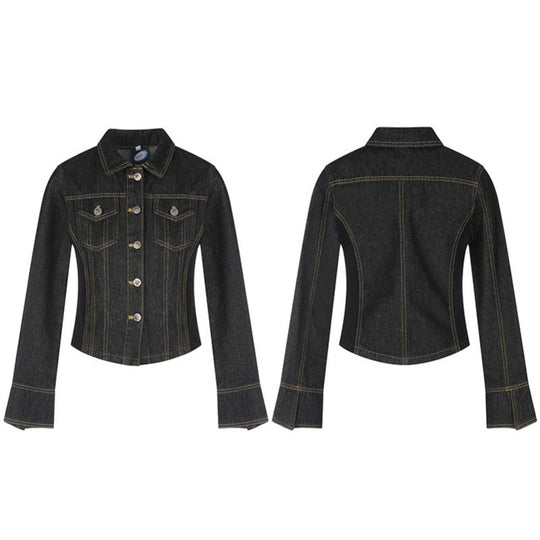 Damen taillierte Cropped-Jeansjacke mit Formnähten, Brustpatten und Schmuckknöpfen Nord Taschen