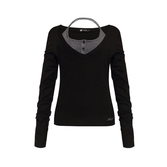 Damen Langarm-Shirt mit doppeltem Layer‑Effekt, tiefem V‑Ausschnitt und gestreiftem Einsatz Nord Taschen