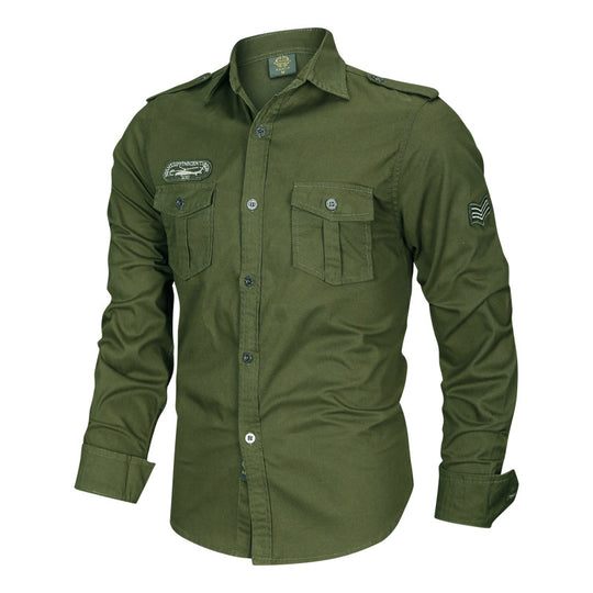 Herren  militärisch inspiriertes Langarmhemd aus Baumwollmischung mit Brustklappentaschen und Schulterpatten Nord Taschen