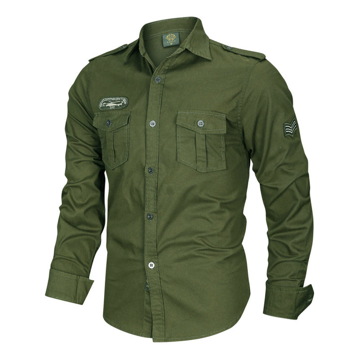 Herren  militärisch inspiriertes Langarmhemd aus Baumwollmischung mit Brustklappentaschen und Schulterpatten Nord Taschen