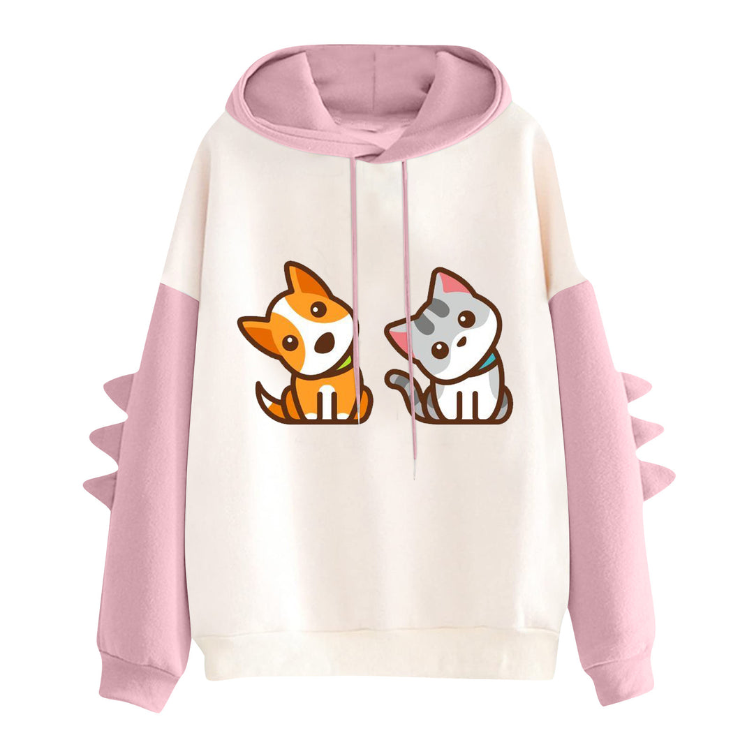 Damen nan Kapuzenpullover mit niedlichem Hunde‑und‑Katzen‑Print und 3D-Stacheln an den Ärmeln Nord Taschen