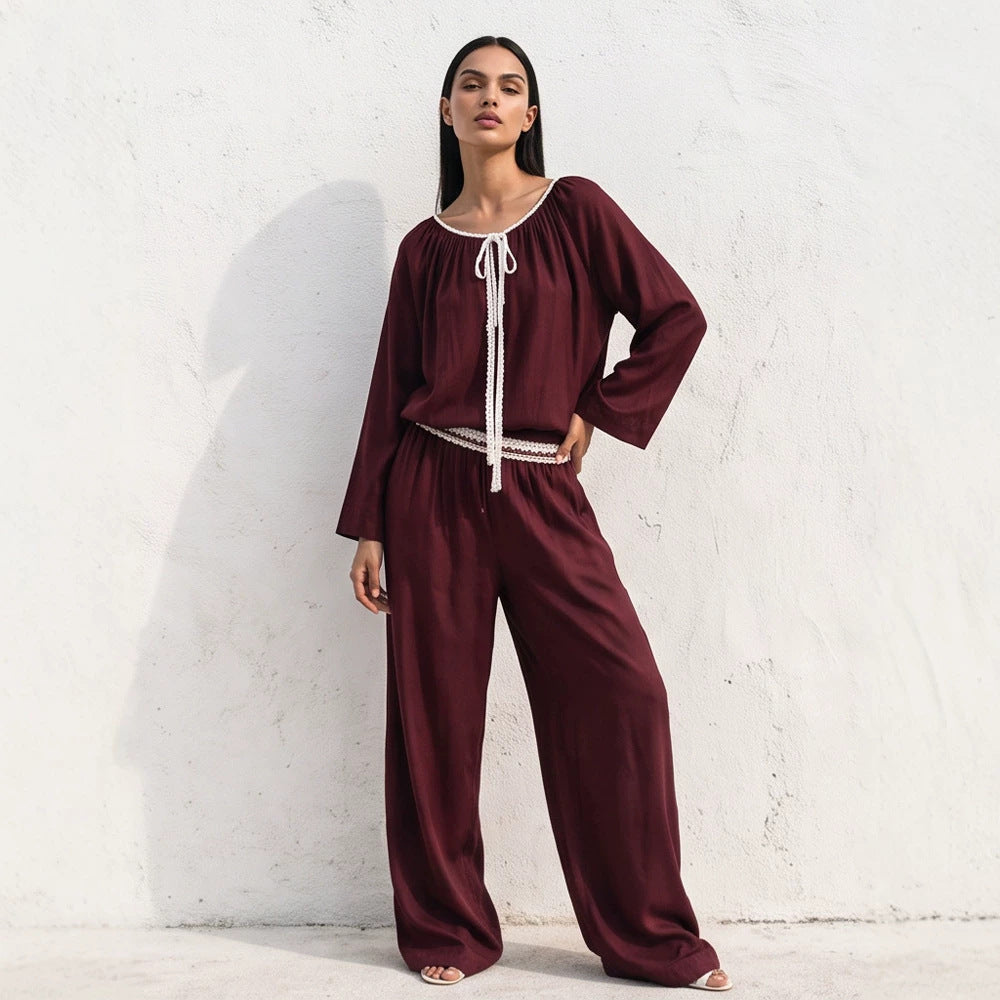 Damen Fließendes zweiteiliges Loungewear-Set aus Seidenoptik mit weiter Palazzohose und geraffter Tunika Nord Taschen
