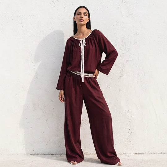Damen Fließendes zweiteiliges Loungewear-Set aus Seidenoptik mit weiter Palazzohose und geraffter Tunika Nord Taschen