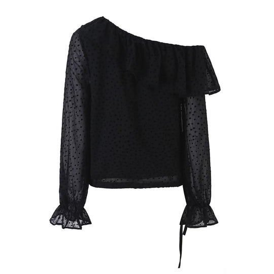 Damen Schulterfreie Chiffonbluse mit Volantkragen und transparenten Puffärmeln Nord Taschen