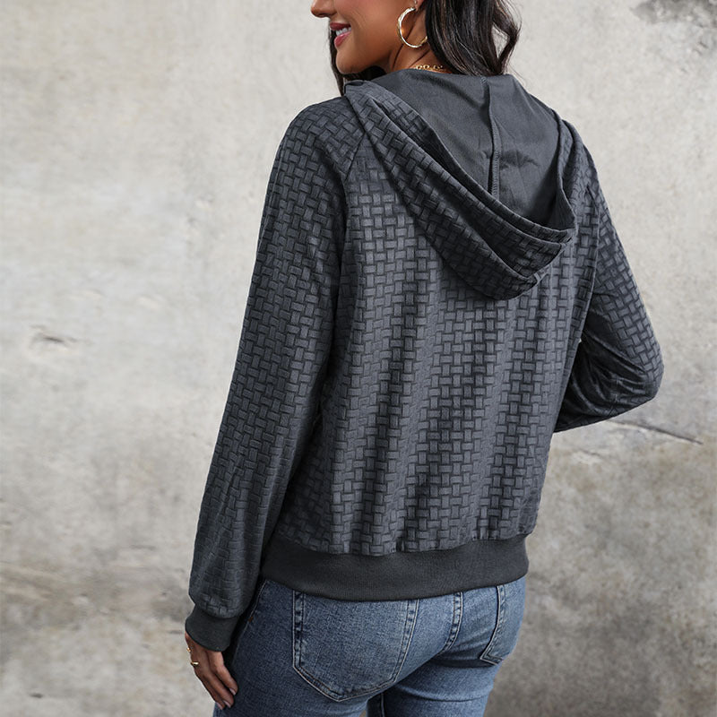Damen Texturierter Kapuzenpullover mit Knopfleiste und Strukturmuster Nord Taschen