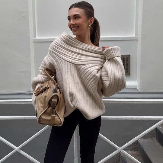 Damen Oversized Grobstrick-Pullover mit Kapuze, tiefem Schulterfall und strukturierter Rippoptik Nord Taschen