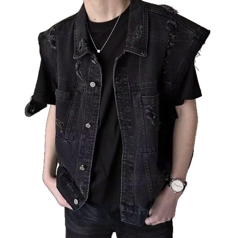 Herren Denim-Weste im Vintage-Used-Look mit Destroyed-Taschen und kastiger Passform Nord Taschen