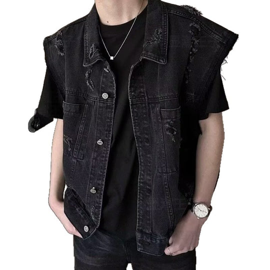 Herren Denim-Weste im Vintage-Used-Look mit Destroyed-Taschen und kastiger Passform Nord Taschen