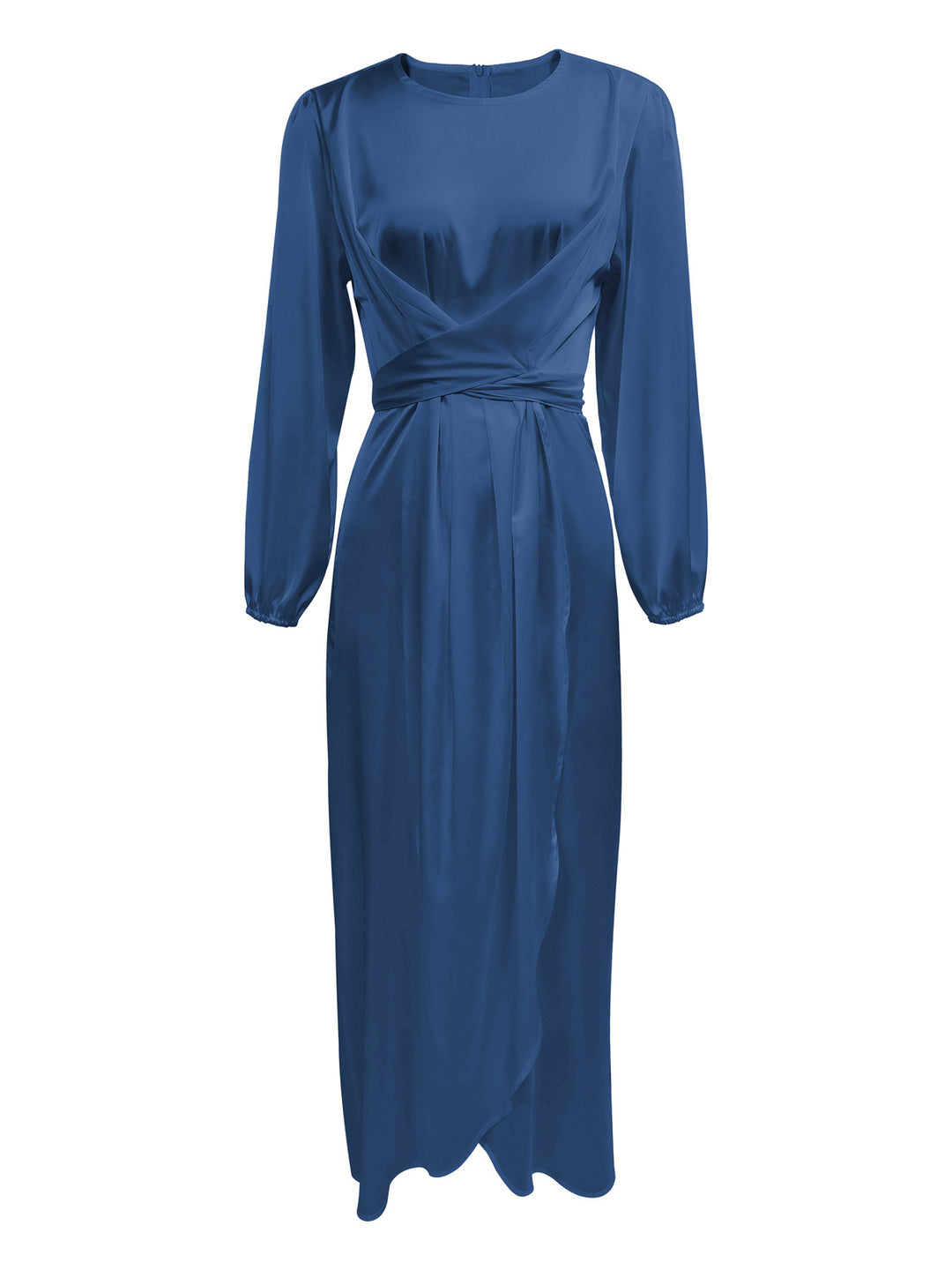 Damen Elegantes Maxikleid aus Satin mit Wickel-Detail, Langarm und Taillenband Nord Taschen