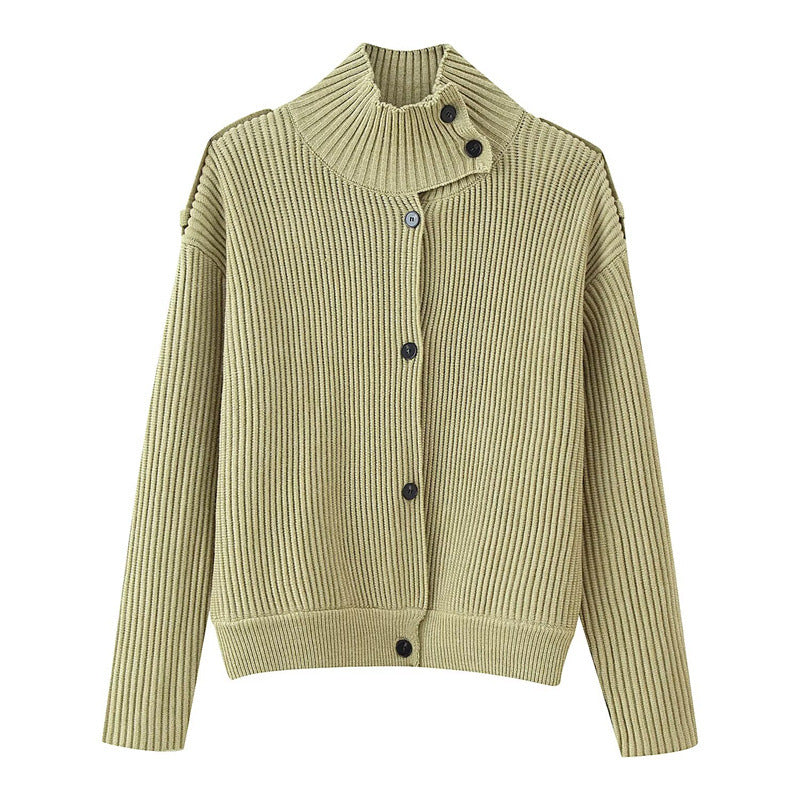 Damen Gerippter Strickcardigan mit Stehkragen und Schulterknopf-Detail Nord Taschen