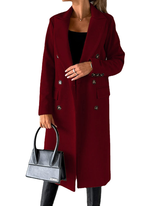 Damen Doppelreihiger Wollmantel im Longline‑Schnitt mit Reverskragen und Pattentaschen Nord Taschen