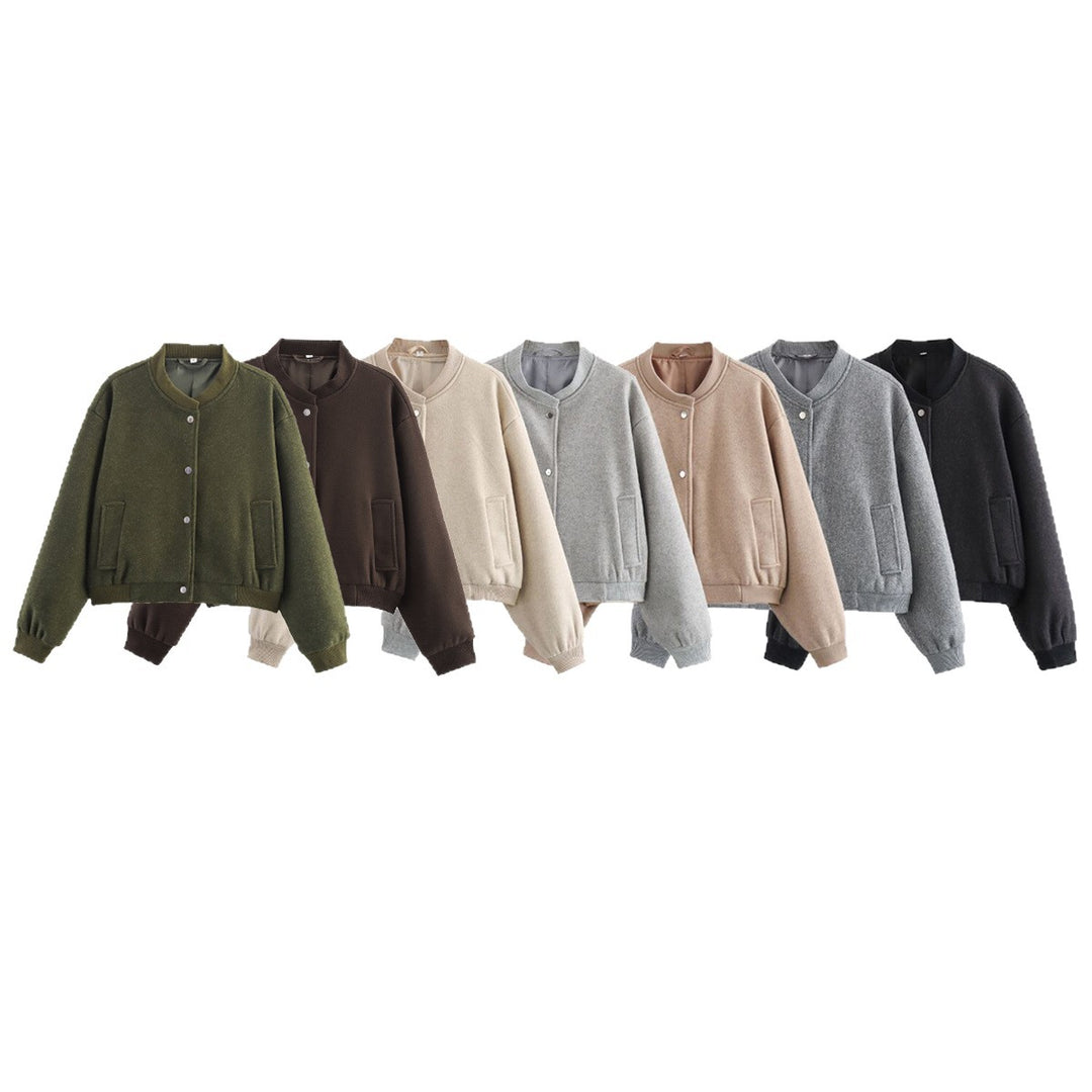 Damen Kurze Oversize-Collegejacke im Wollmix mit Druckknopfverschluss, Eingrifftaschen und Rippenbündchen Nord Taschen