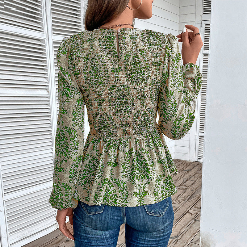 Damen Smock-Bluse mit Raffung, Ballonärmeln und Ornament-Print Nord Taschen