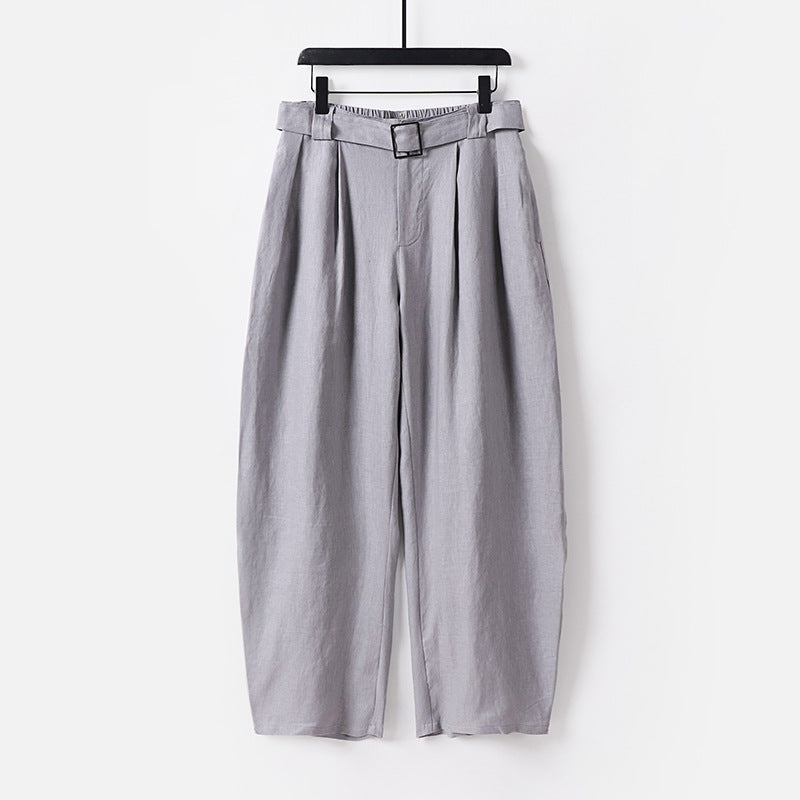 Damen Hochgeschnittene weite Leinenmix-Hose mit Bundfalten und Stoffgürtel Nord Taschen