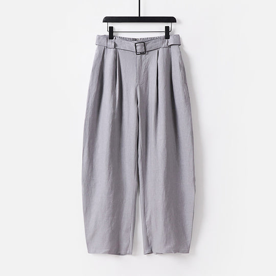 Damen Hochgeschnittene weite Leinenmix-Hose mit Bundfalten und Stoffgürtel Nord Taschen