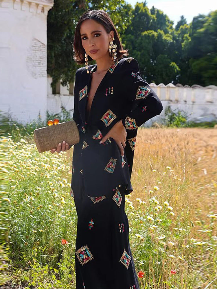 Damen Zweiteiliger Jacquard-Anzug mit Taillenschleife und weitem Bein Nord Taschen