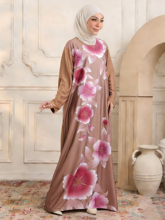 Damen Maxikleid im Kaftan-Stil mit handbemaltem Blumenprint Nord Taschen