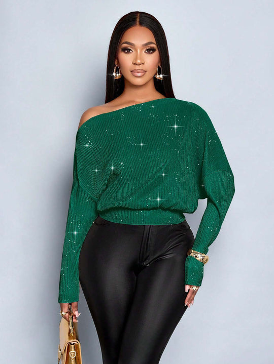 Damen Überschnittener Rippstrick-Pullover mit One-Shoulder und tailliertem Bündchen Nord Taschen