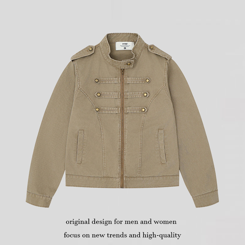 Damen Military-inspirierte Baumwoll-Canvas-Jacke mit Stehkragen, Zierknopfleisten und Schulterpatten Nord Taschen