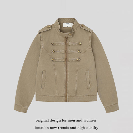 Damen Military-inspirierte Baumwoll-Canvas-Jacke mit Stehkragen, Zierknopfleisten und Schulterpatten Nord Taschen