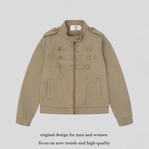 Damen Military-inspirierte Baumwoll-Canvas-Jacke mit Stehkragen, Zierknopfleisten und Schulterpatten Nord Taschen