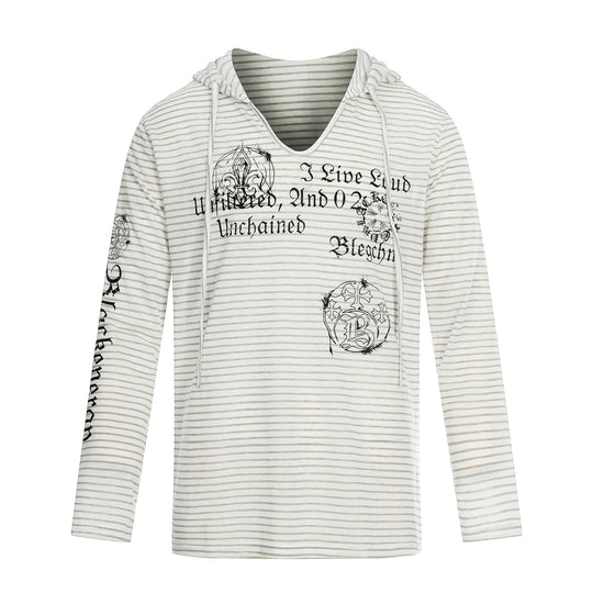 Damen Leichtes Kapuzen-Longsleeve mit V-Ausschnitt, Streifenmuster und Vintage-Print Nord Taschen