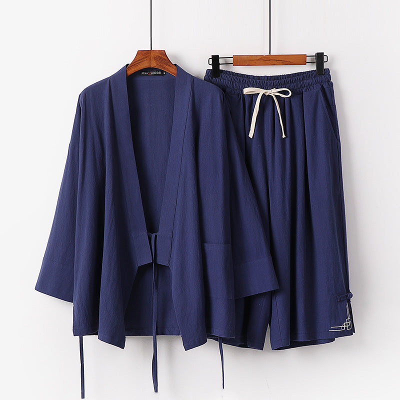 Damen Zen-Kimono-Lounge-Set aus atmungsaktivem Baumwollmix mit Bindebandjacke und weiten Culotte-Hose Nord Taschen