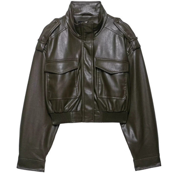 Damen 10+ kurzes Kunstleder‑Bomberjacke im Military‑Look mit Pattentaschen und Stehkragen Nord Taschen