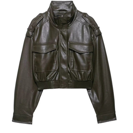 Damen 10+ kurzes Kunstleder‑Bomberjacke im Military‑Look mit Pattentaschen und Stehkragen Nord Taschen