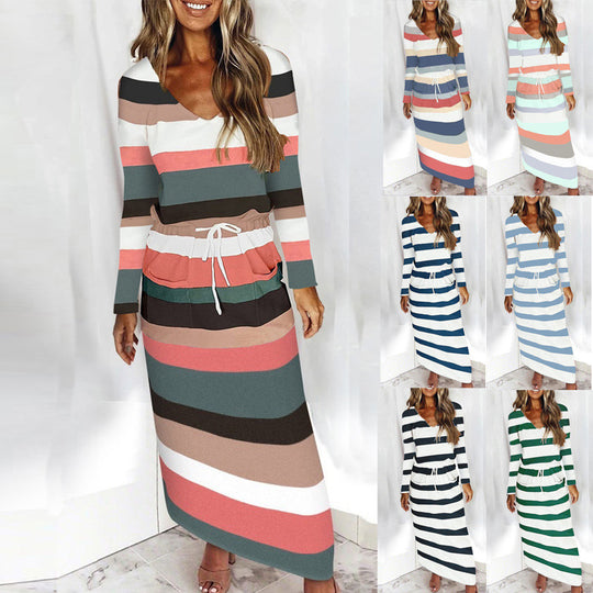 Damen Lässig-elegantes Maxi-Strickkleid mit V-Ausschnitt, Tunnelzug und Eingrifftaschen Nord Taschen