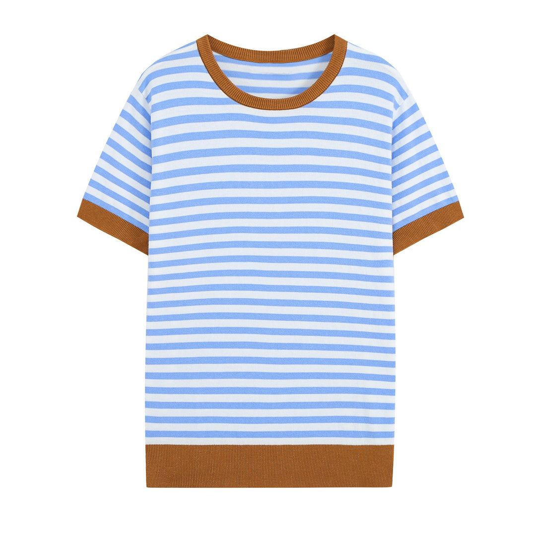 Damen Kurzärmeliges gestreiftes Ripp‑Strickshirt mit Kontrastbündchen Nord Taschen