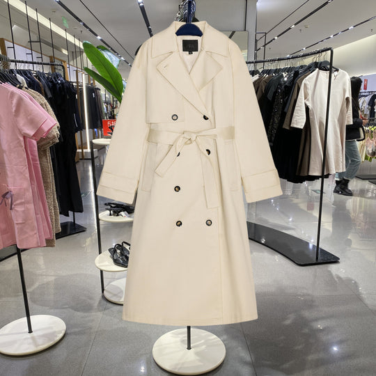Damen Langer Trenchcoat mit doppelreihiger Knopfleiste, Taillengürtel und breitem Revers Nord Taschen