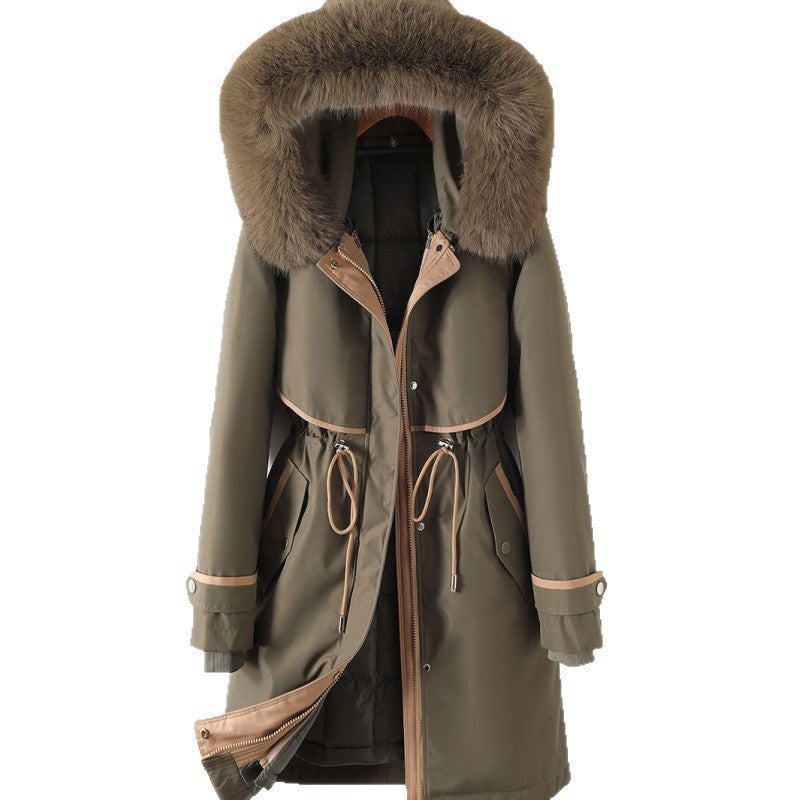 Damen nan langer Parka mit Kunstfellkapuze Taillenzug und kontrastierten Paspeln Nord Taschen