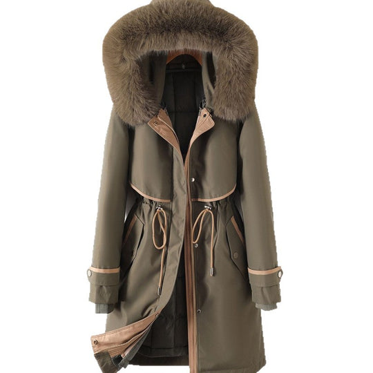 Damen nan langer Parka mit Kunstfellkapuze Taillenzug und kontrastierten Paspeln Nord Taschen